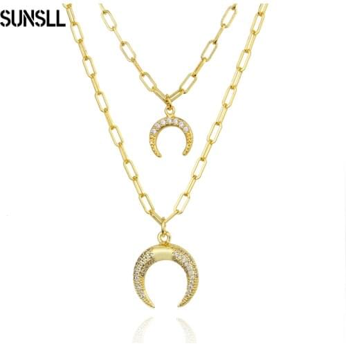 SUNSLL 2021 New Fashion Gold Color Double Layer Chain Pendant For Women Moon Necklaces Carabiner Necklaces Jewelry Girl Gift