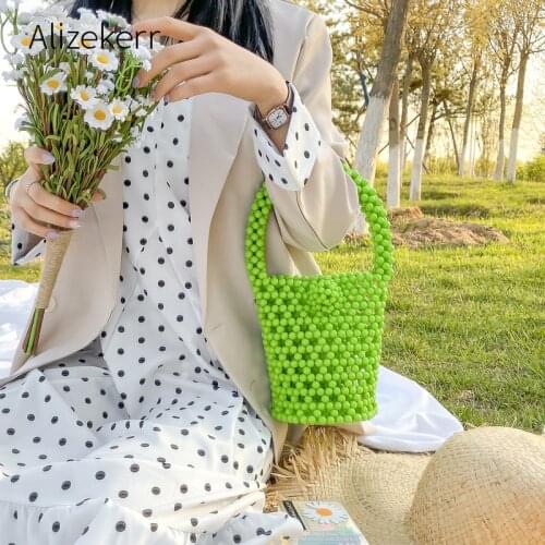 Hollow Out Pearls Handbags Women 2020 Summer New Hand Made Green Beads Bucket Top Handle Beach Bags Ladies Beaded Clutch Purses