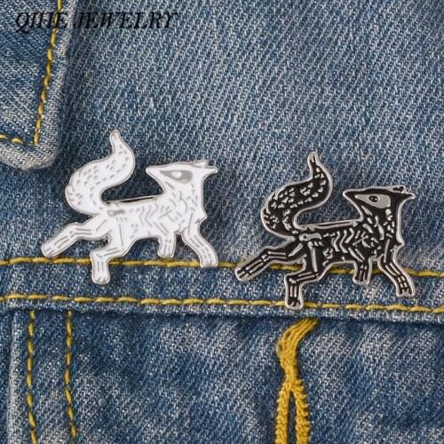 QIHE JEWELRY Fox pins Fox Skeleton Brooches Anatomy of the Fox Badges Punk Pins Dark Pins Animal Jewelry