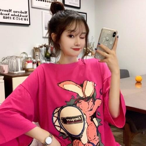 The new all-match Korean version of the girlfriends dress print cartoon split long short-sleeved t-shirt women all-match round n