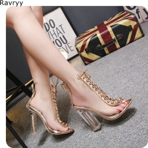 Ins Fashion Womans short boots transparent PVC glden lace up boots peep toe thick heel female model show club party booties