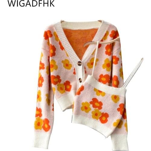 WIGADFHK Autumn Fashion Womens Knitted Cardigan Suit Sexy V-neck Short Sweater + Suspenders Sweet 2-piece Suit