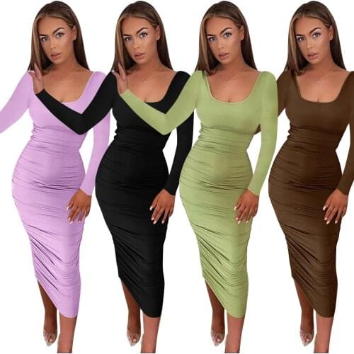 Office Lady Skinny Dress Square Neck Bodycon Long Sleeve Dresses Basic Sheath Dress Women Party Wear Autumn Sexy Dress