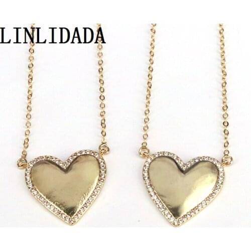 5Pcs High quality clear CZ Pave Heart Charms Gold Plated Copper Metal Pendant Necklace
