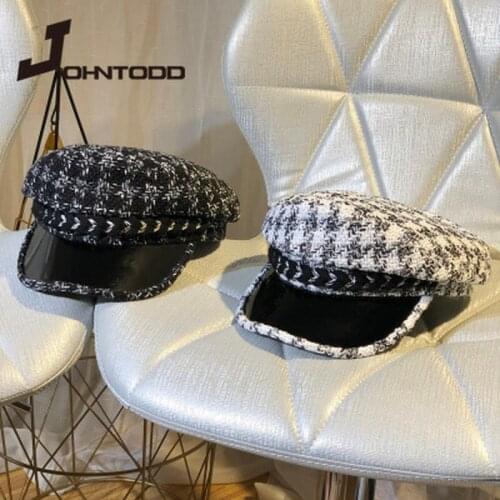 Brand High Quality Sailor Hat Plaids Vintage Houndstooth Beret Military Hats Women Black Beret Cap Fashion Army Cap