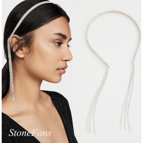 Stonefans Bridal Rhinestone Tassel Headband Crown Chain for Women Boho Bling Crystal Hair Chain Headpiece Wedding Jewelry