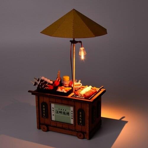 DIY Handmade Wooden Miniature Barbecue Breakfast Cart Food Play Scene Dollhouse Accessories DIY Clay Food Model