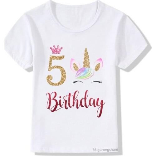 Unicorn Crown Print Childrens T-shirt 5 6 7 8 9th Birthday Gift Girls T Shirt Summer Tops Kid Clothes Graphic T Shirts