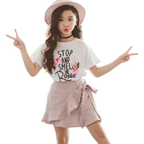 Kids Clothes Floral Tshirt + Skirt Childrens Clothes For Girls Letter Teenage Clothes For Girls Striped Childrens Costume