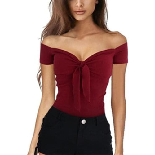 Summer Women Casual Beach Party Stretch Slim Fitted Tee T-Shirt Women Sexy Off Shoulder V-neck Bow Cotton Tops