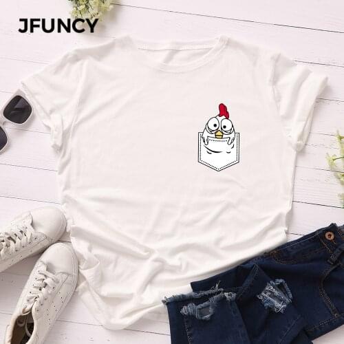 JFUNCY 5XL Chick In Pockets Print T-shirts Women Cotton T-shirt Kawaii Harajuku Female Shirts Top Womens Clothes Camiseta Mujer