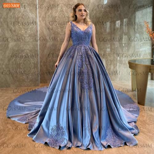 Royal Blue Evening Gowns 2021 V Neck Vestido De Festa De Casamento Lace Appliques Beading Women Formal Dresses Party Avondjurken