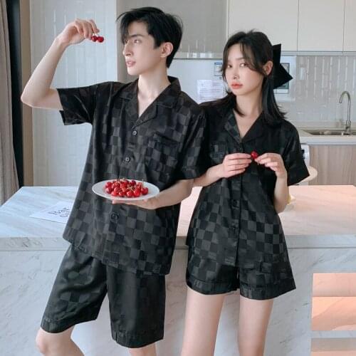 Summer Couple Satin Rayon Pajamas Sets of T-shirt & Shorts Male Pijama Sleepwear Leisure Home Clothing Female pijama pyjama
