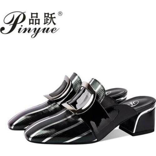 Womens Loafers Summer New Genuine Leather British Style Ladies Shoes Casual Outdoor Baotou Half Slippers Girl