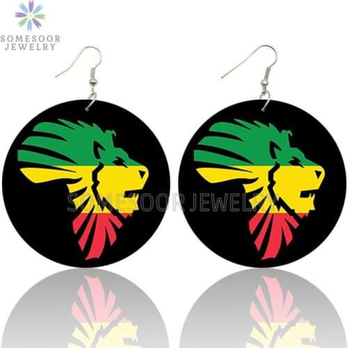 SOMESOOR Fashion African Colors Lion Printed Wooden Drop Earrings Black King Design Big Loops Dangle Jewelry For Women Gifts