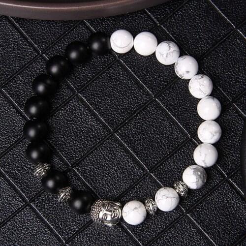 Fashion Buddha Head Charm Bracelets Turquoises Howlite Black Onyx Bead Bracelet Two Color Beads For Men Women Pray Health Gift