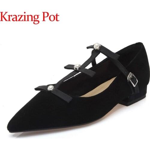 Krazing pot pointed toe shallow pearl high street fashion gentlewomen Korean girl mules fashion buckle straps sandals women L69