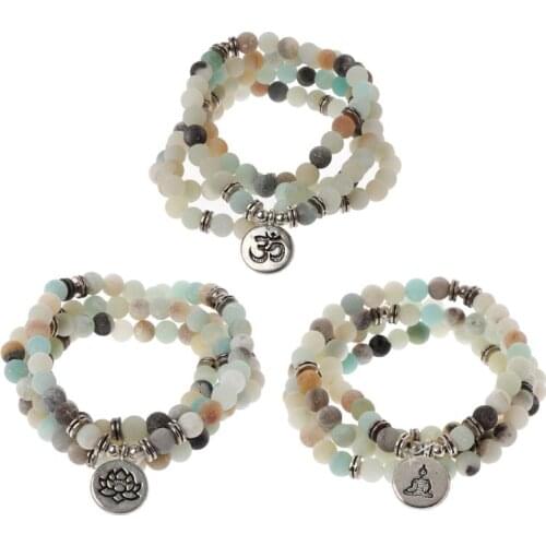 Mala Amazonite 108 Beads Necklace for Yoga Buddhist Rosary Prayer Charm Bracelet