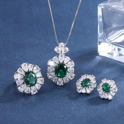 QTT 925 Sterling Silver Necklace Earrings Ring Jewelry Sets For Women Fashion Accessories Green Zircon Charm Gift Jewelry