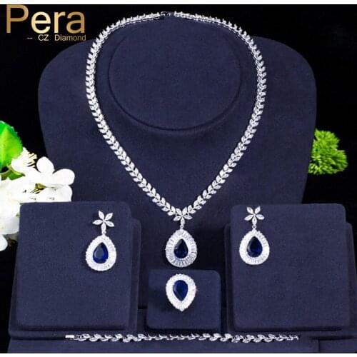 Pera Luxury Bridal Wedding 4 Pcs Blue Jewelry Set Big Water Drop Cubic Zircon Necklace Earrings Bracelet And Ring For Women J223