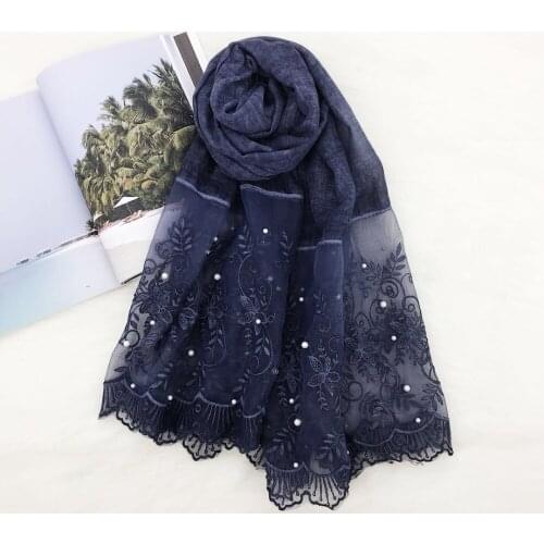 Luxury women floral lace beads scarf bandhnu cotton muslim hijab scarves wraps pearl headband shawls 180*90cm 10pcs/lot