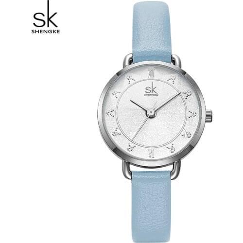 Shengke Fashion Glitter Dial Women Watches Blue Leather Watch Movement Quartz Watches Slim Buckle Strap Reloj Mujer Montre Femme
