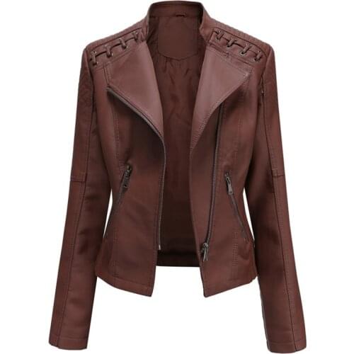2021 Women Fashion Pu Leather Women Slim Short Jacket Solid Zipper Plachwork Spring Autumn Casual Outwear Coat