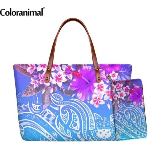 Coloranimal Hawaiian Polynesian Plumeria and Turtle Pattern Female Tote Shoulder Bag 2Pcs/Set Shoulder Bag&Wallet for Women
