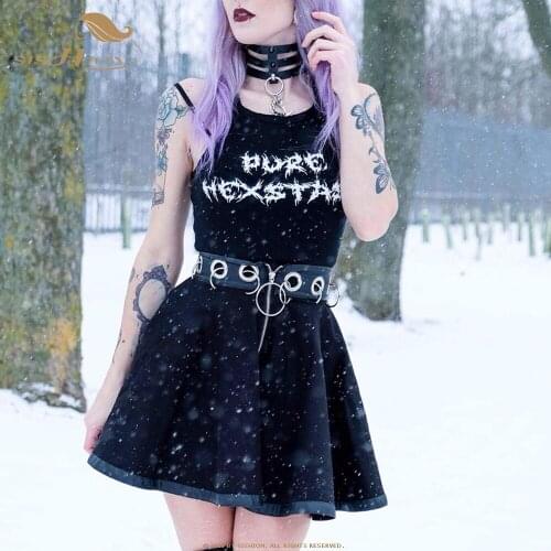 Women A-line Gothic Skirt Summer Sexy Hoop Hollow Out Skirts Goth Black Iron Ring Female Mini Short Skirts Casual Skirt VD2175