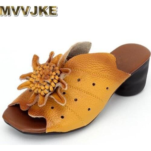 MVVJKE 2020 Summer Women Wedge Shoes Genuine Leather Sandals Handmade Flower Square Heels Comfotable Women Slides