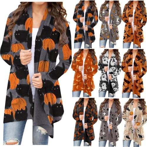 Women Halloween Cardigan Fashionable Pumpkin Animal Cat Printing Jacket Long Sleeve Coat Female Autumn Winter Plus Size Clothes