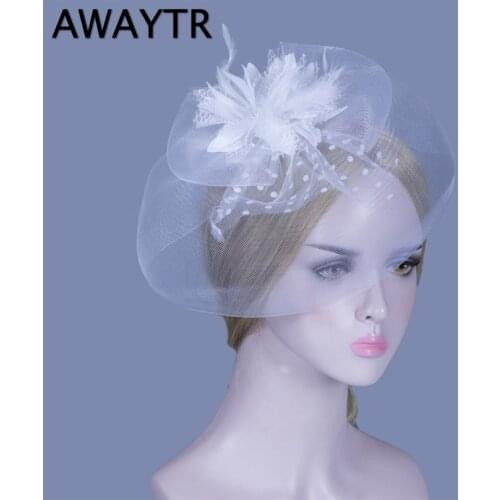 AWAYTYR Hair Accessories Fancy Elegant Lady Top Net Mesh Birdcage Veil Feather Hairpin Hat Hair Clip for Wedding Church Party