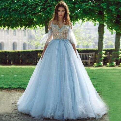 Elegant Light Blue Tulle Evening Dresses Long A Line Off Shoulder Sleeves Sequins Floor Length Prom Party Girls Gowns