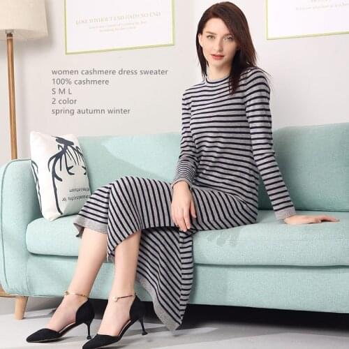 Naizaiga 100% cashmere Womens pure cashmere dress side slit cashmere skirt striped long dress sweater, YLM113