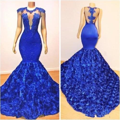 Royal Blue South African Evening Dresses Mermaid Cap Sleeves Appliques Nigeria Dubai Saudi Arabic Evening Gown Prom Dresses