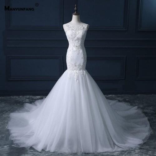 Real Photo O-Neck Embroidery Appliques Tulle Sleeveless Mermaid Wedding Dress Luxury Cathedral Train Backless Bridal Gown
