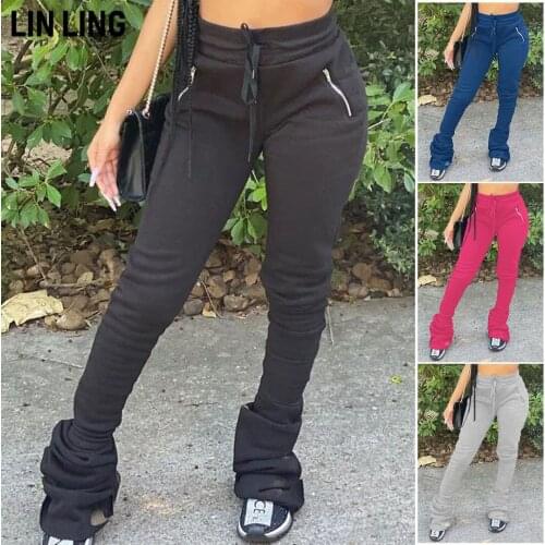 LINLING Elastic Layered Trousers High-Waist Flared Trousers Pleated Layered Trousers Drooping Pants Sweatpants Zippper Pocket