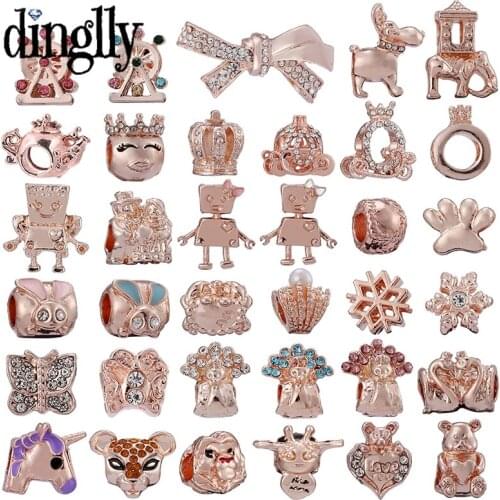 Dinglly Rose Gold Cartoon Animals Beaded Charm Fit Bracelets & Bangles Shiny Rhinestone Crown Peacock Beads Jewelry Accessories