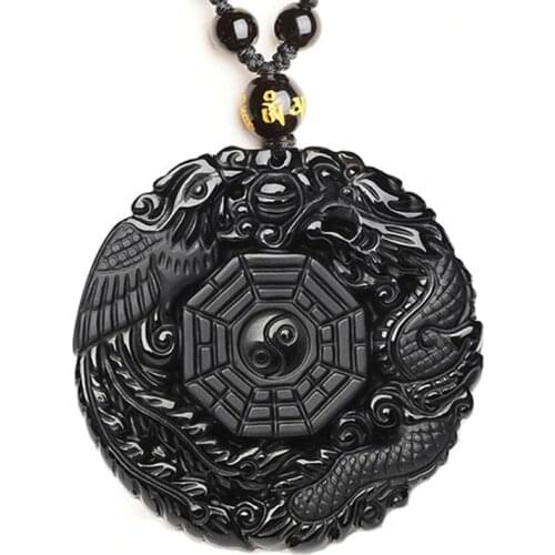 Black Obsidian Carving Dragon and Phoenix Necklace Pendant Obsidian Lucky Pendants