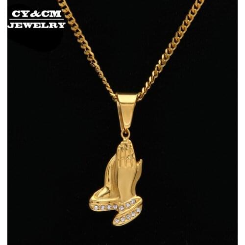 CY&CM Praying Hands Pendants Necklace Gold Stainless Steel Iced out Crystal Rhinestone HipHop Men Religous Jesus Hand Jewelry