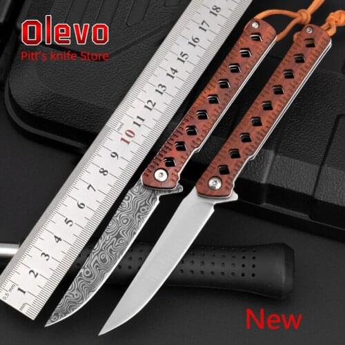 Olevo Damascus Laser Pattern Folding Knife 59-60HRC High Hardness Outdoor Camping Survival Knifes Log Handle D2 Blade EDC Tools