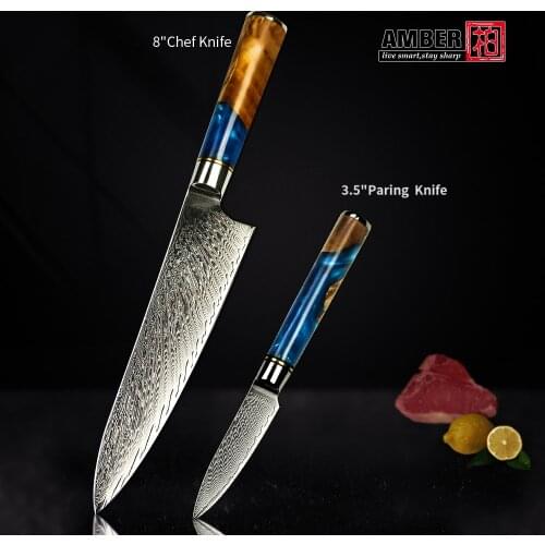 Amber Damascus Knife Set Utility VG10 67 Layers Steel 2pcs Chef Paring Set of Kitchen Knives High Quality Sharp