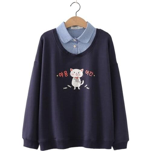 Navy Cartoon Cat Print Patchwork Casual Women Sweatshirts 2020 Autumn Long Sleeve Sleeve Turndown Collar Two Pieces Ladies Tops