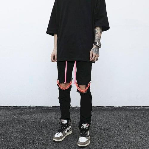 High Street Knee Hole with Chain Ripped Biker Jeans Mens Slim Fit Denim Pants Autumn New Streetwear Casual Hip Hop Pants Joggers