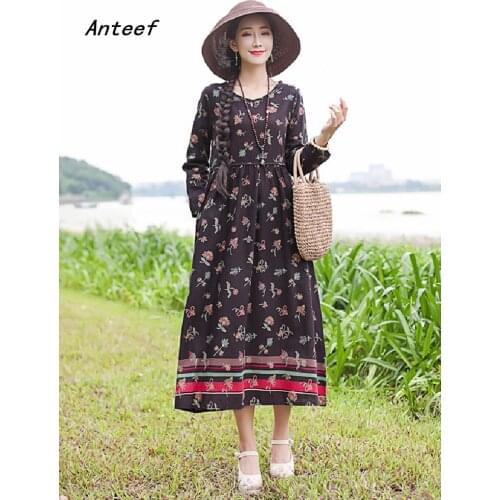 Long sleeve cotton linen vintage floral dresses for women casual loose spring autumn dress elegant clothes 2021