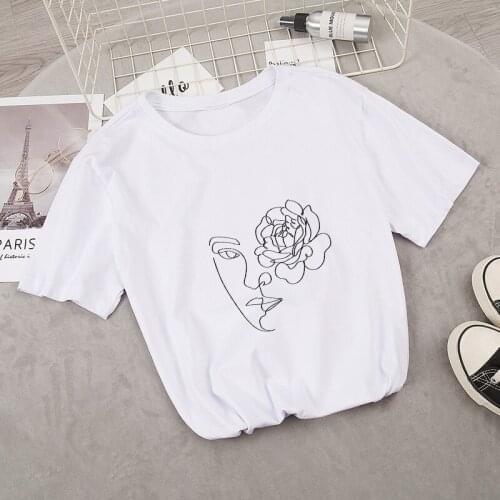 Korean Style Floral Top Woman Art Tshirt Abstract Short Sleeve Cotton Streetwear Aesthetic Tops Summer T Shirt Oversize Femme