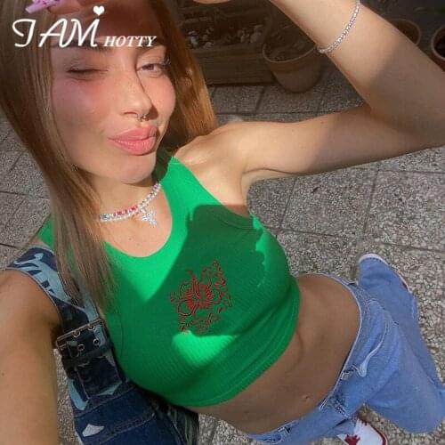 Cute Flower Embroidery Y2K Camisole Women Harajuku Cotton Ribbed Sleeveless Crop Tank Top Vintage Green Vest Aesthetic Iamhotty