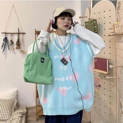 Kpop Knitted Heart Sweater Vest Women Sweet Casual Korean Style V-neck Pullover Tops Y2K Sleeveless Winter Clothes Women 2021