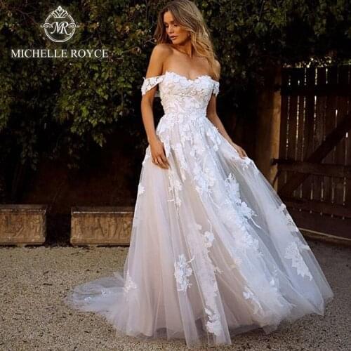 Michelle Royce A-Ling Wedding Dresses 2020 Sexy Sweetheart Off the Shoulder Appliques Button Chapel Train Vestido De Noiva