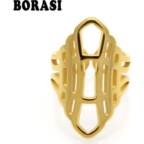 New Fashion Vintage Big Ring Antique Stainless Steel Gold Color Hollow Geometry Rings For Women Size 6 7 8 9 Turkish Jewelry